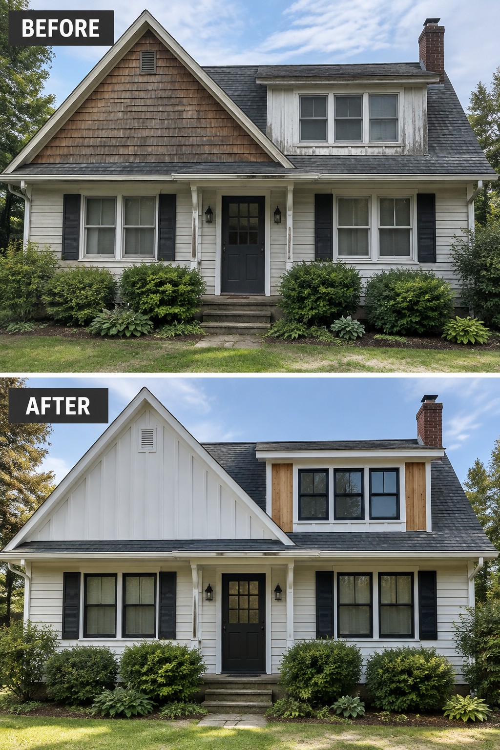 Before-and-after image of a house exterior updated with white board and batten siding on the gable and wood accents on the dormer.