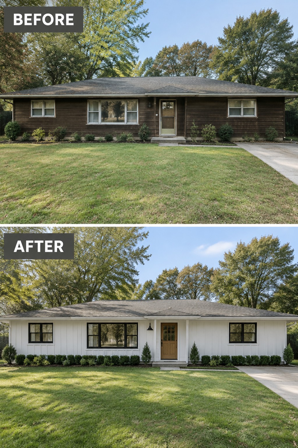 Before-and-after image of a ranch home showing dark horizontal siding changed to white board and batten siding with updated windows and door.
