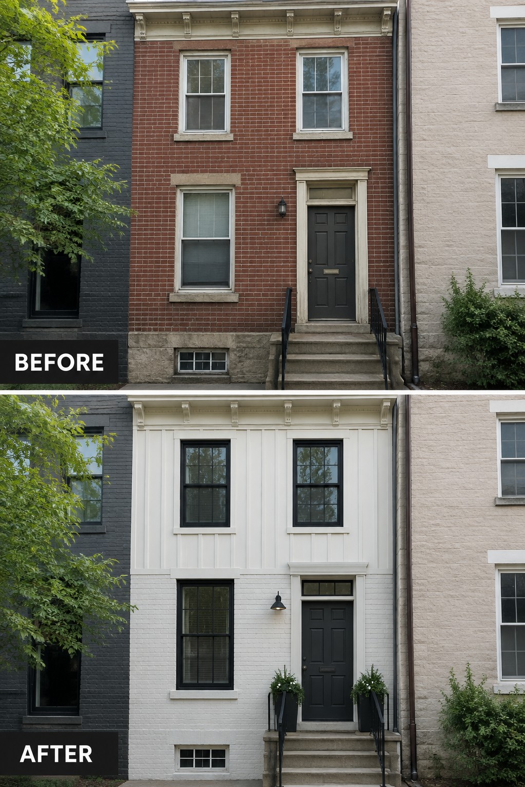 Before-and-after image of a brick townhouse updated with white board and batten siding, black window trim, and new entry planters.