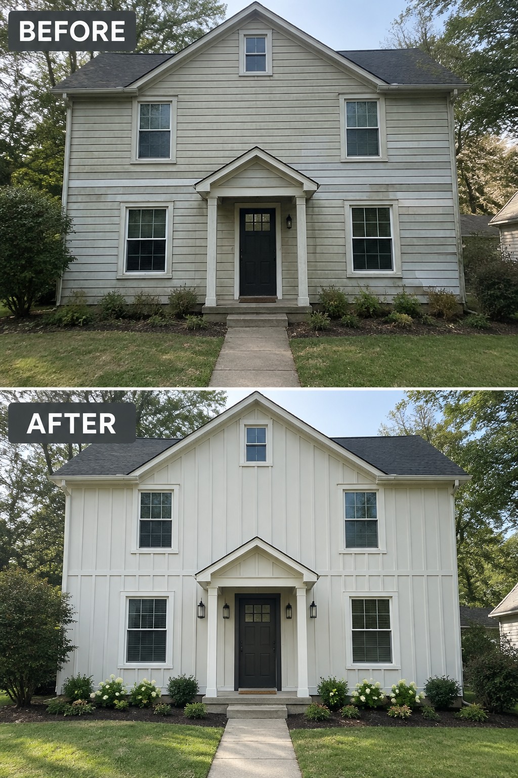 House exterior before and after: light gray siding painted white with new flower beds