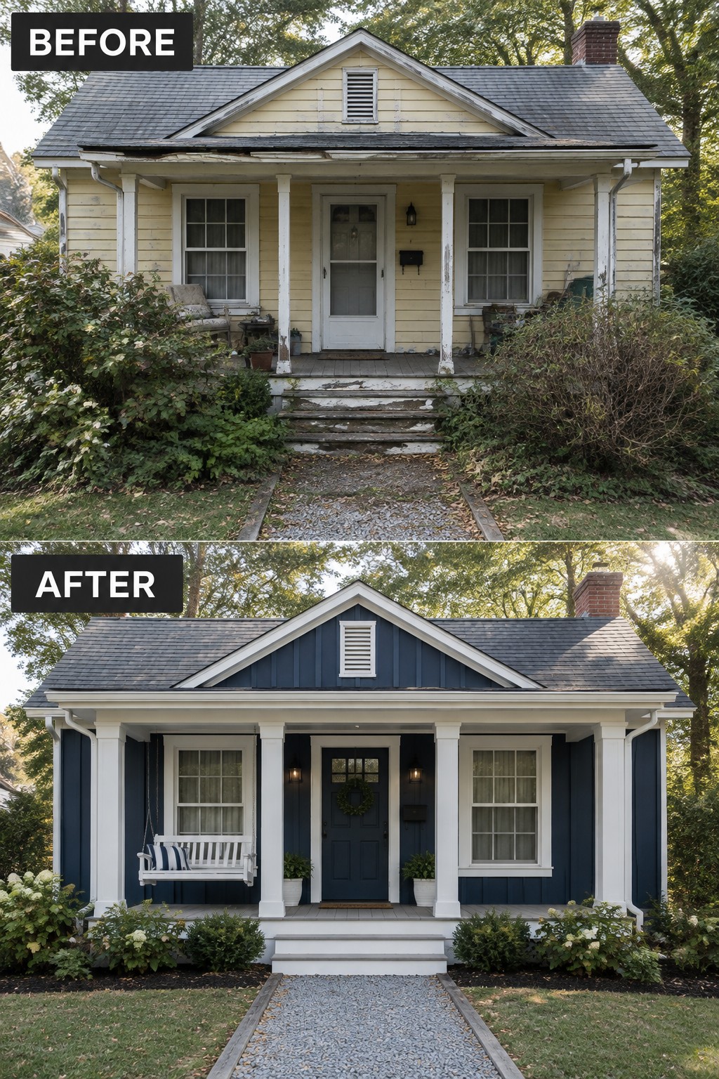 Before and after of yellow house renovated to navy blue with white trim and porch swing.