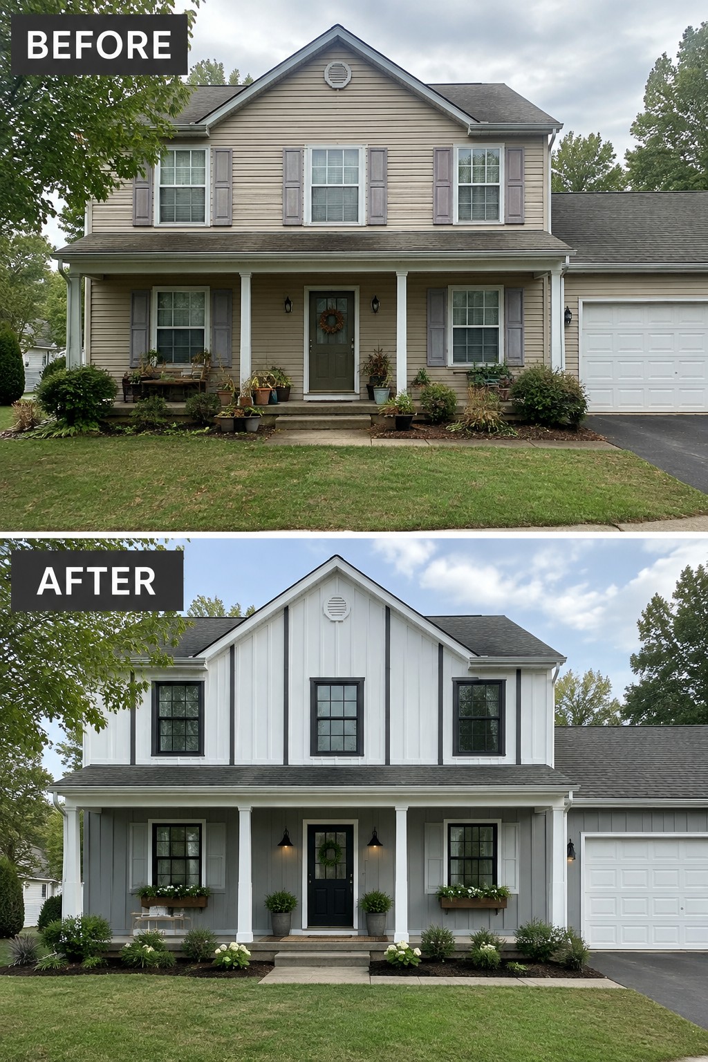 Before-and-after image of a two-story house exterior updated from beige siding to white and gray board and batten with a modern farmhouse style.