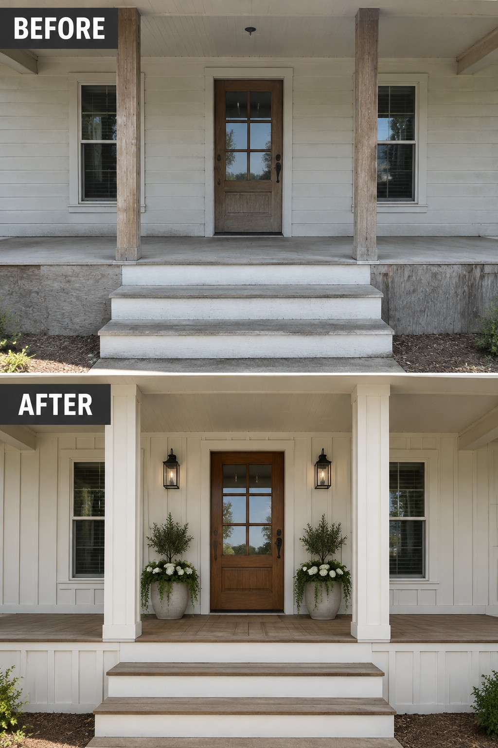Before-and-after image of a front porch updated with wrapped white columns, board and batten siding details, wood decking, flanking planters, and lanterns.
