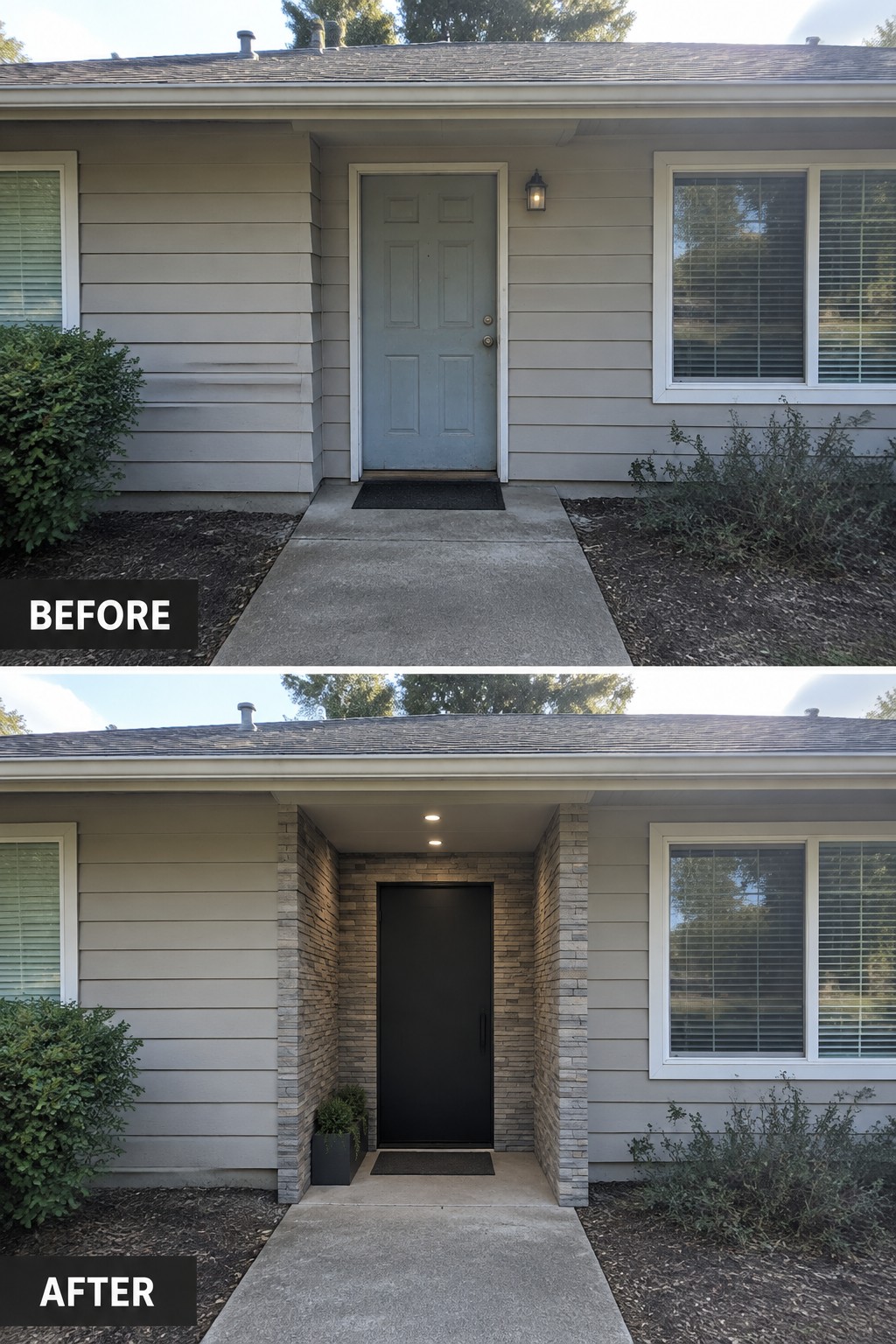 Before and after house entrance renovation with black door and stone porch columns.