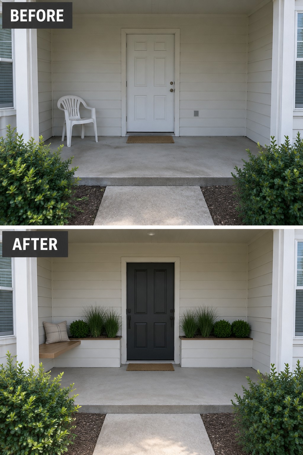 Before and after porch with white door changed to black, plus bench and planters