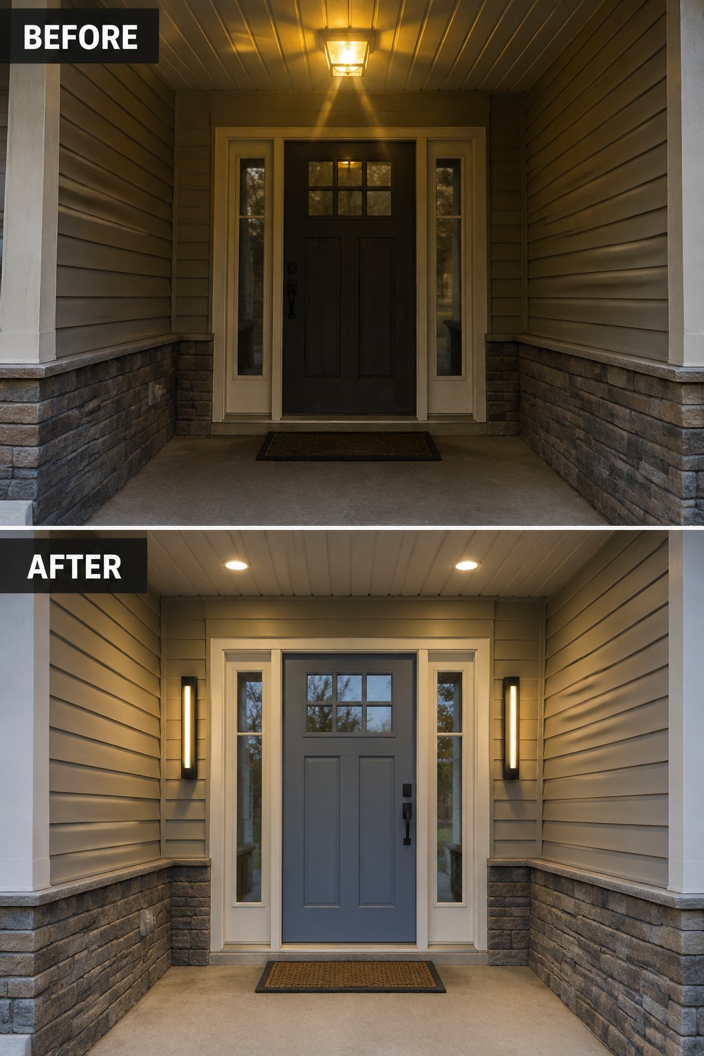 Before-after porch views: dark door with overhead light replaced by blue door and side sconces