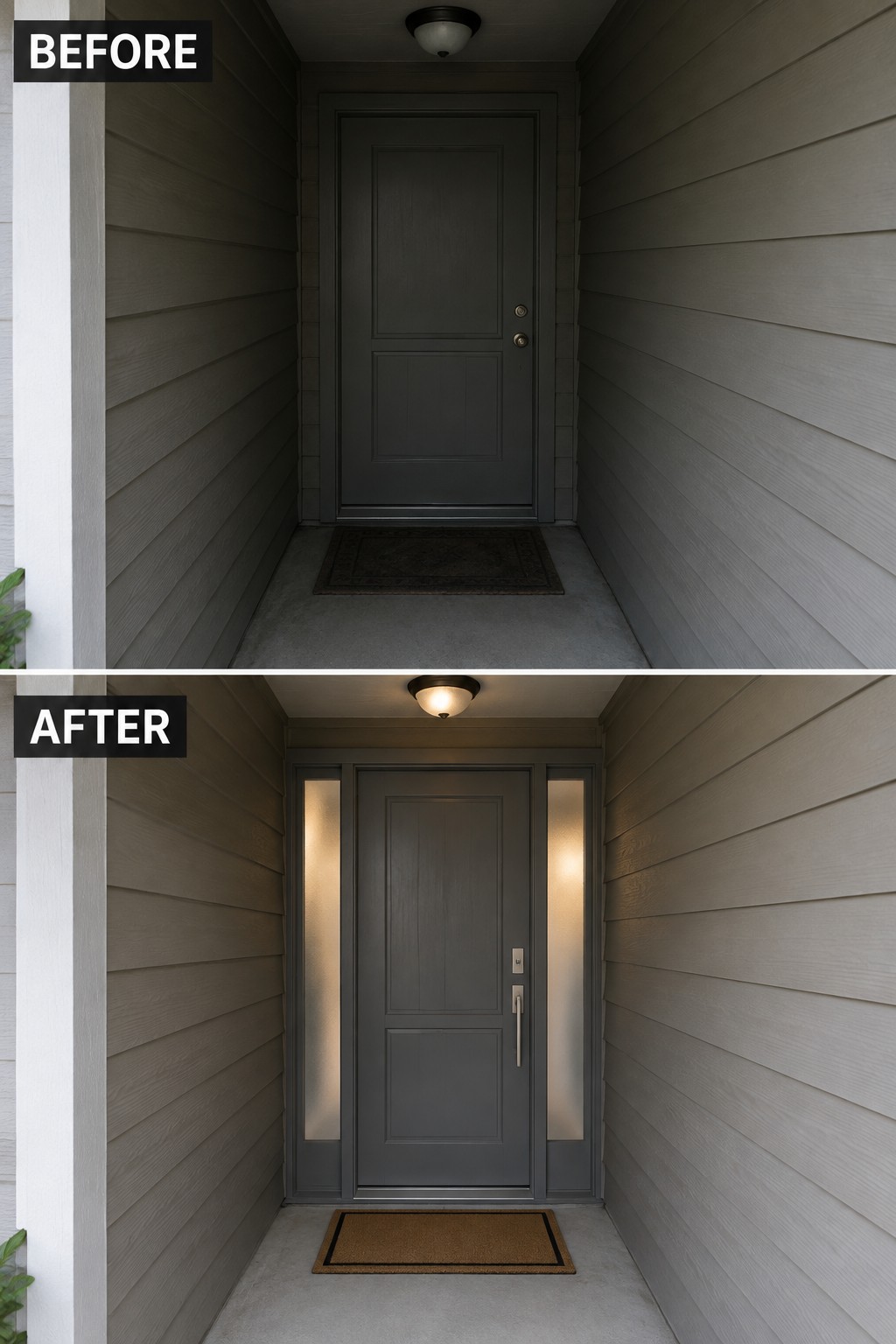 Before-and-after image of a plain front door entry updated with sidelights and new lighting.