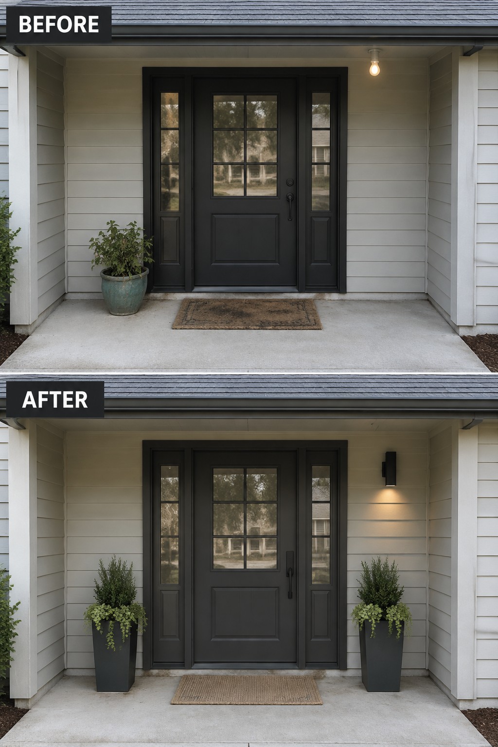 Before-and-after image of a ranch home front entry updated with matching planters on both sides of the door and a new wall sconce.