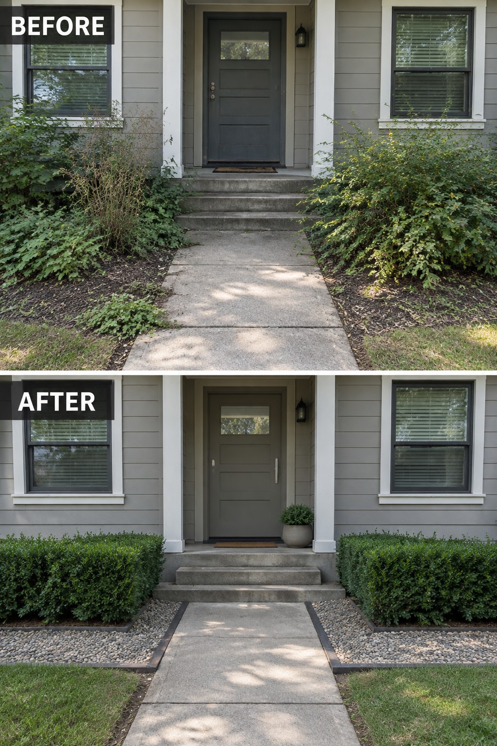 Before and after house entrance with overgrown shrubs replaced by trimmed hedges and gravel.