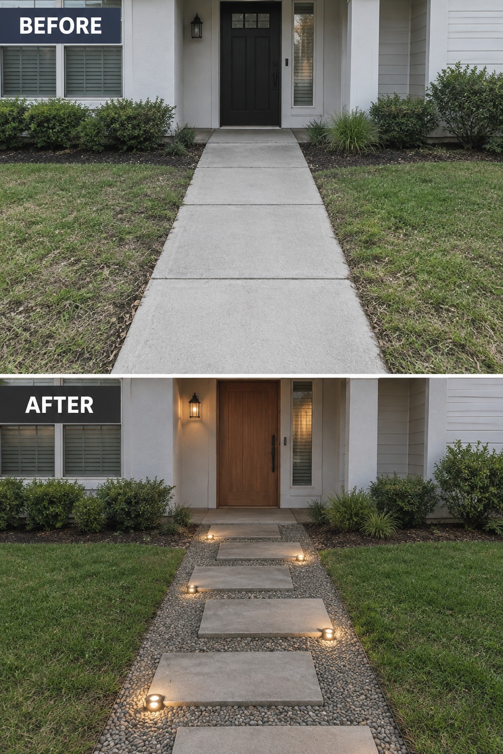 Before-and-after image of a solid concrete front walkway changed to stepping stones set in gravel, with a new wood door and low pathway lights added.