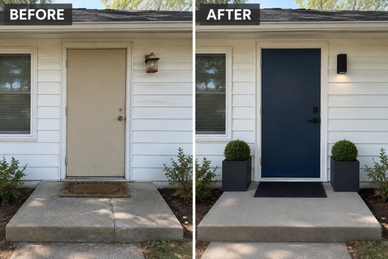 24 Classic Ranch Front Door Updates With Low-Profile Entry Details Before and after house entrance with new navy door, black planters, and modern light.