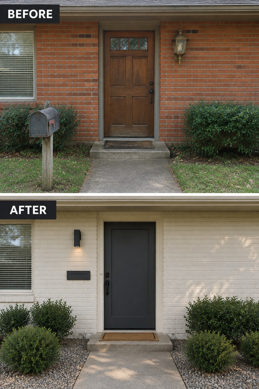 Before-and-after image of a red brick ranch entry updated with white painted brick, a dark gray door, new lighting, and gravel beds with trimmed shrubs.