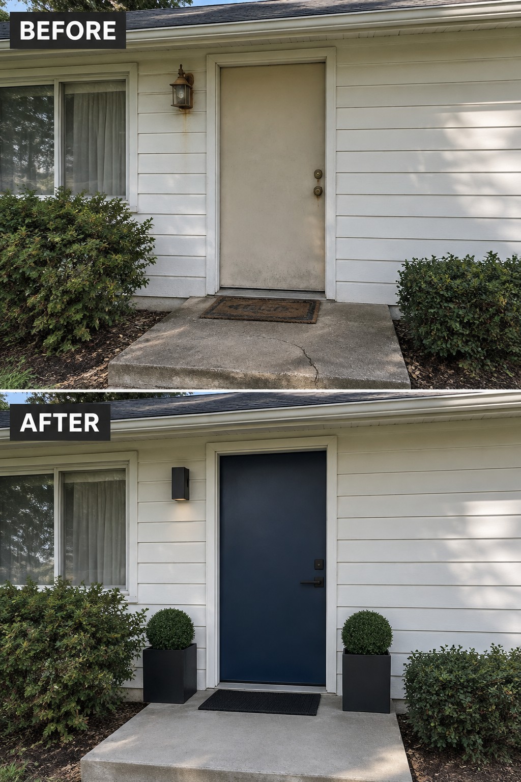 Before and after house entrance with new navy door, black planters, and modern light.