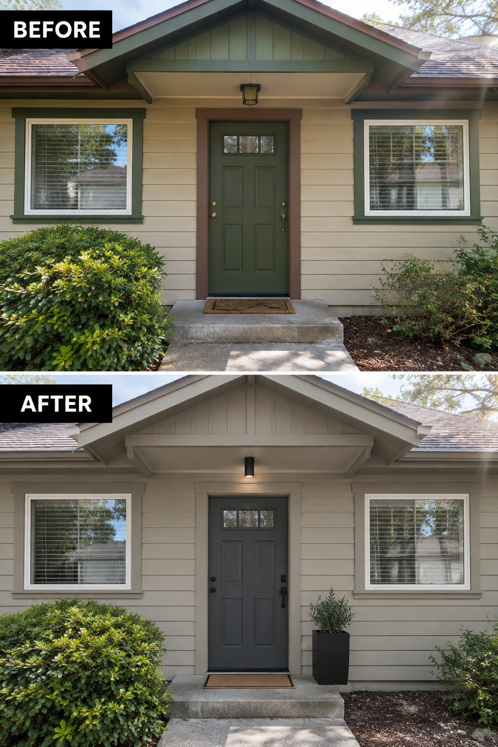 Before-and-after image of a ranch house front entry with updated siding color and a darker front door.