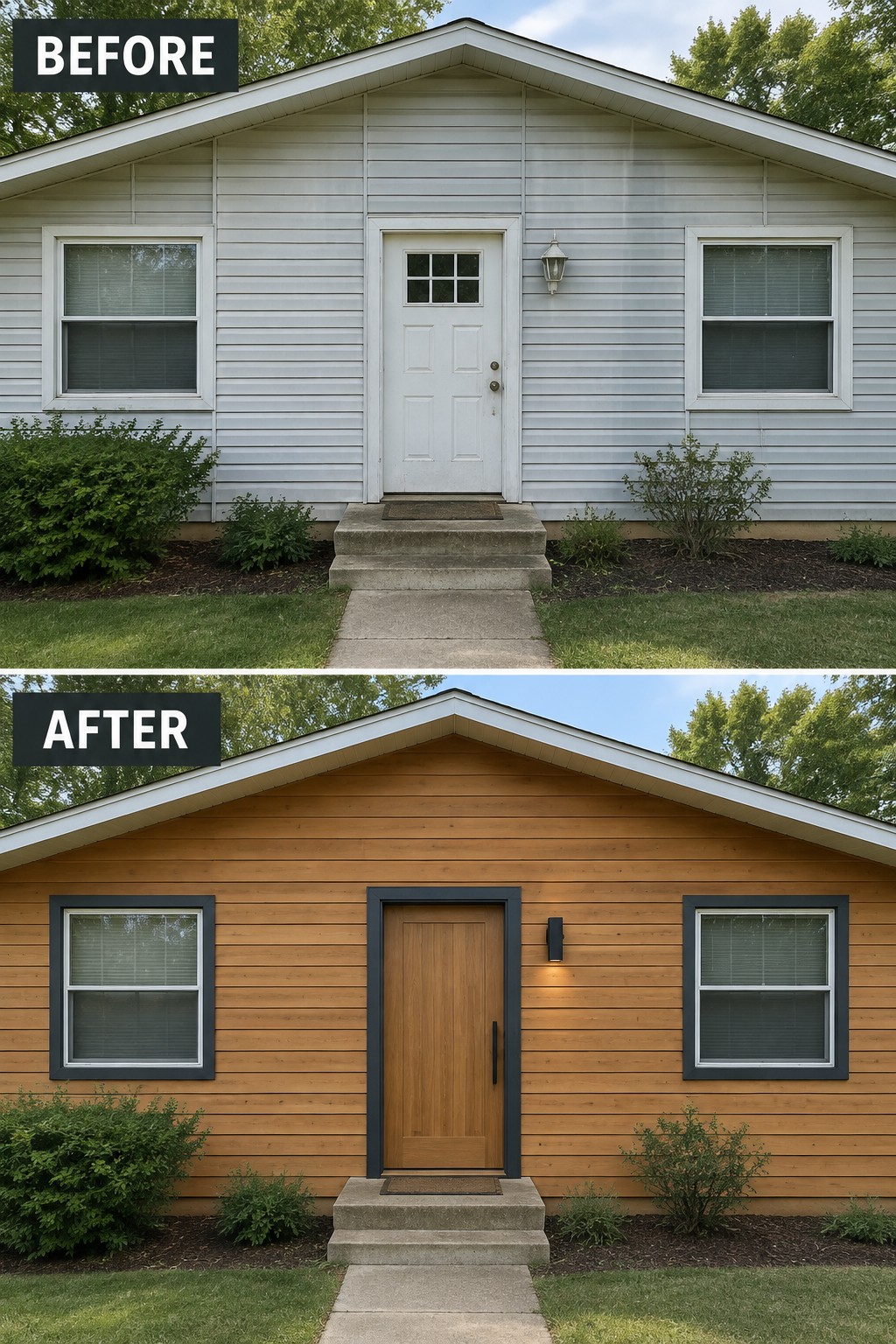Before-and-after house exterior with gray siding replaced by brown wood and updated door