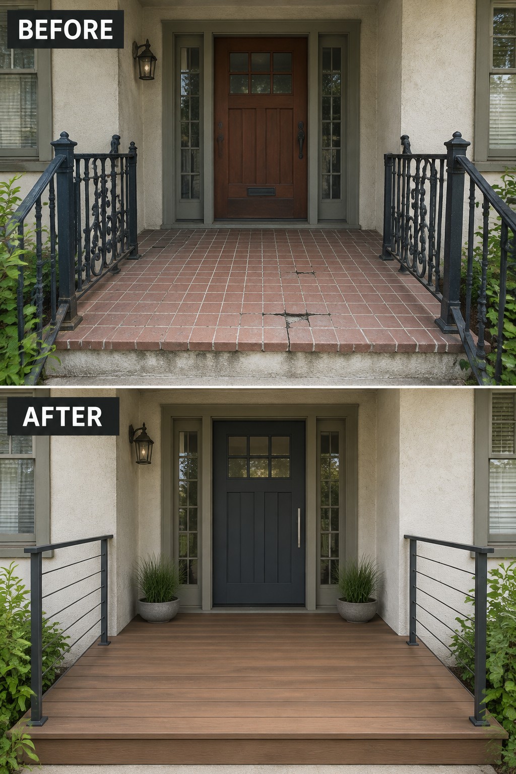 Before-and-after image of a ranch home front porch with cracked red tile and ornate black railings updated to wood decking, horizontal cable railings, and a dark painted front door.