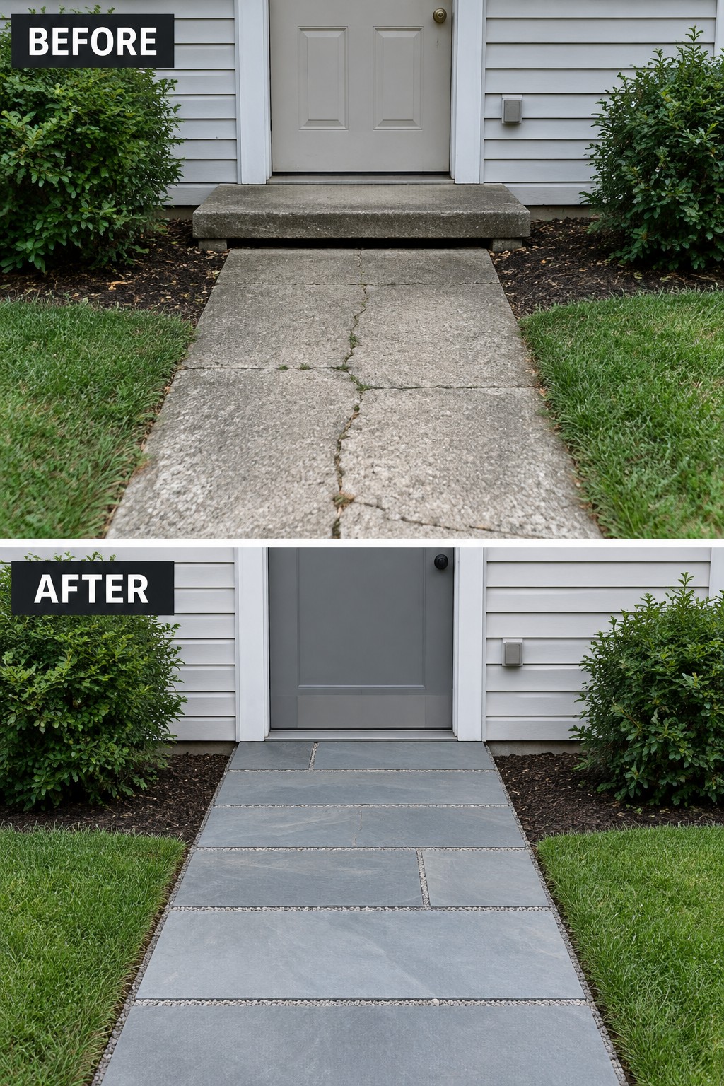 Before cracked concrete path to beige door, after gray stone walkway to dark door.
