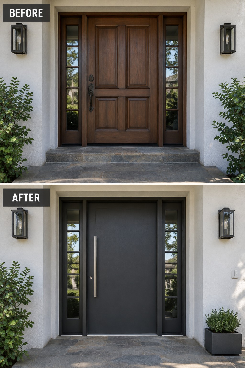 Before-and-after image of a traditional wooden double front door replaced with a modern solid dark door and updated sidelights.