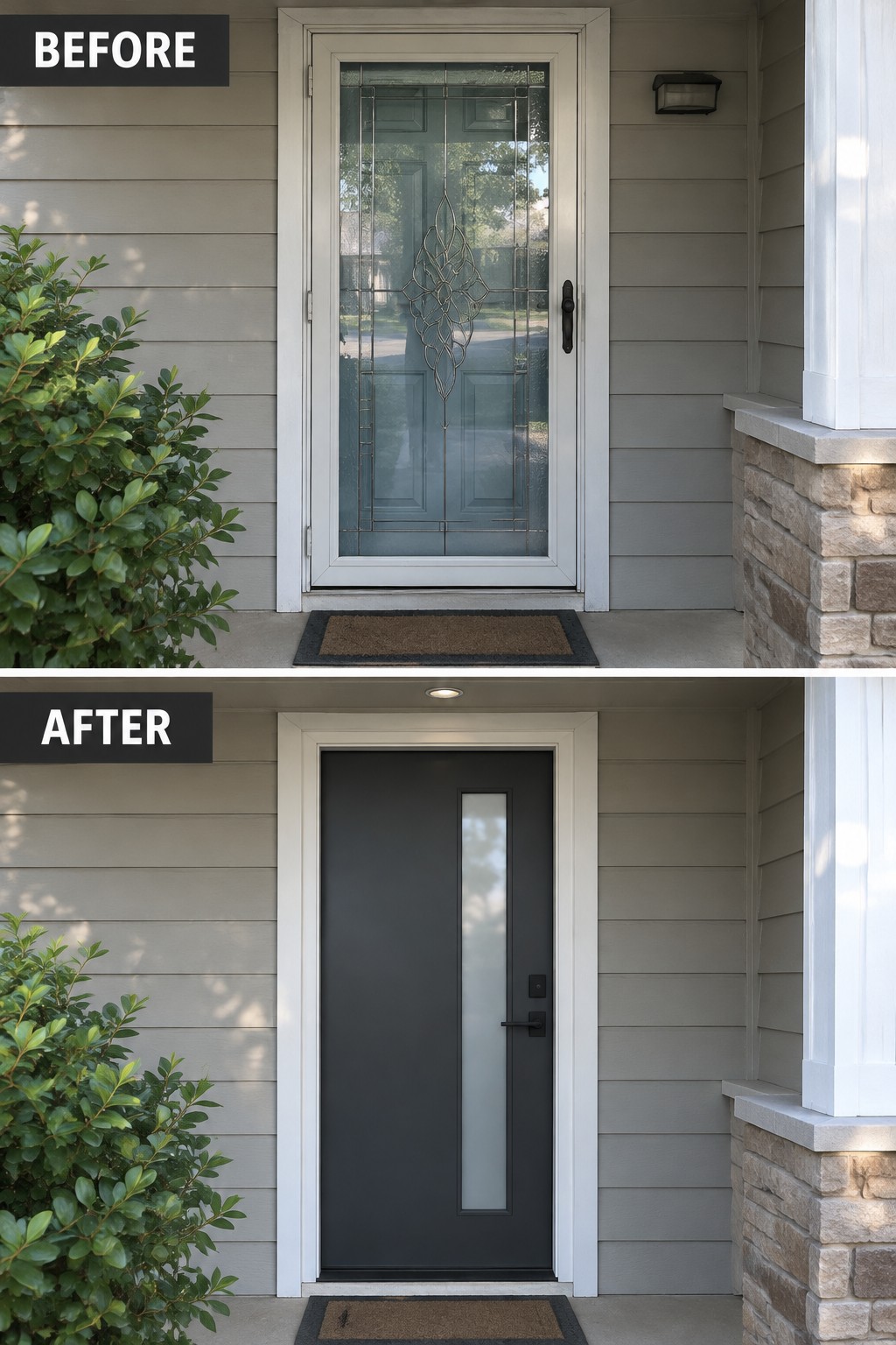 Before-and-after image of a front entry with an ornate light-colored glass door replaced by a dark modern door with a vertical frosted panel.