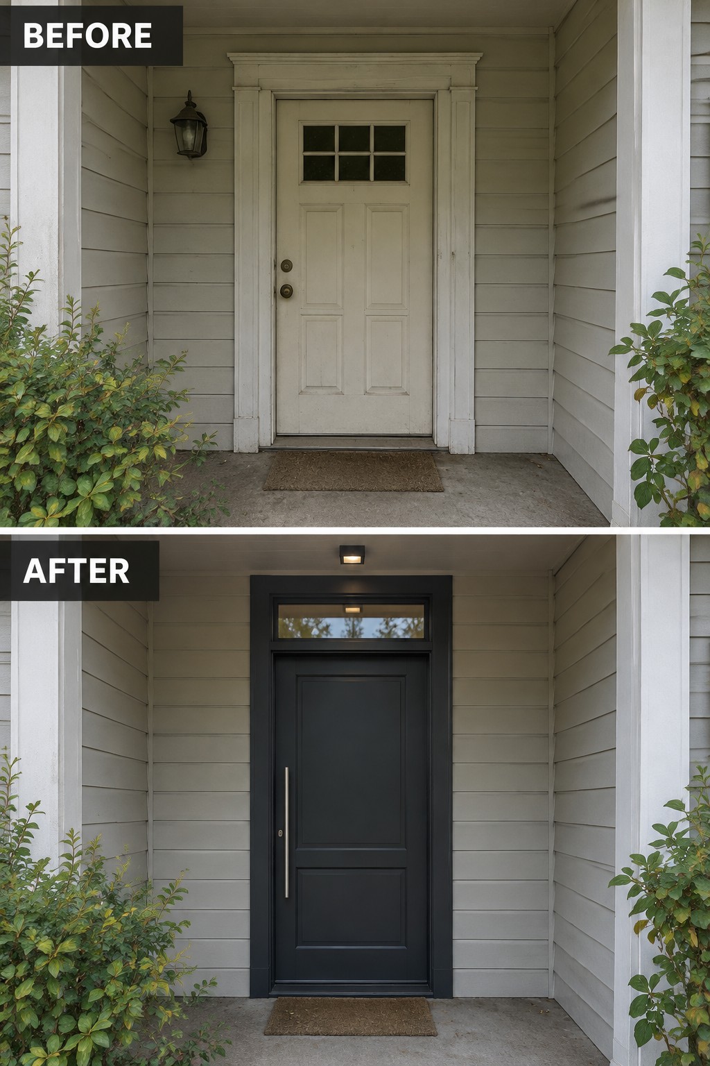Before-and-after image of a light-colored front door updated to a modern black door with a transom window and new lighting on a ranch-style home.