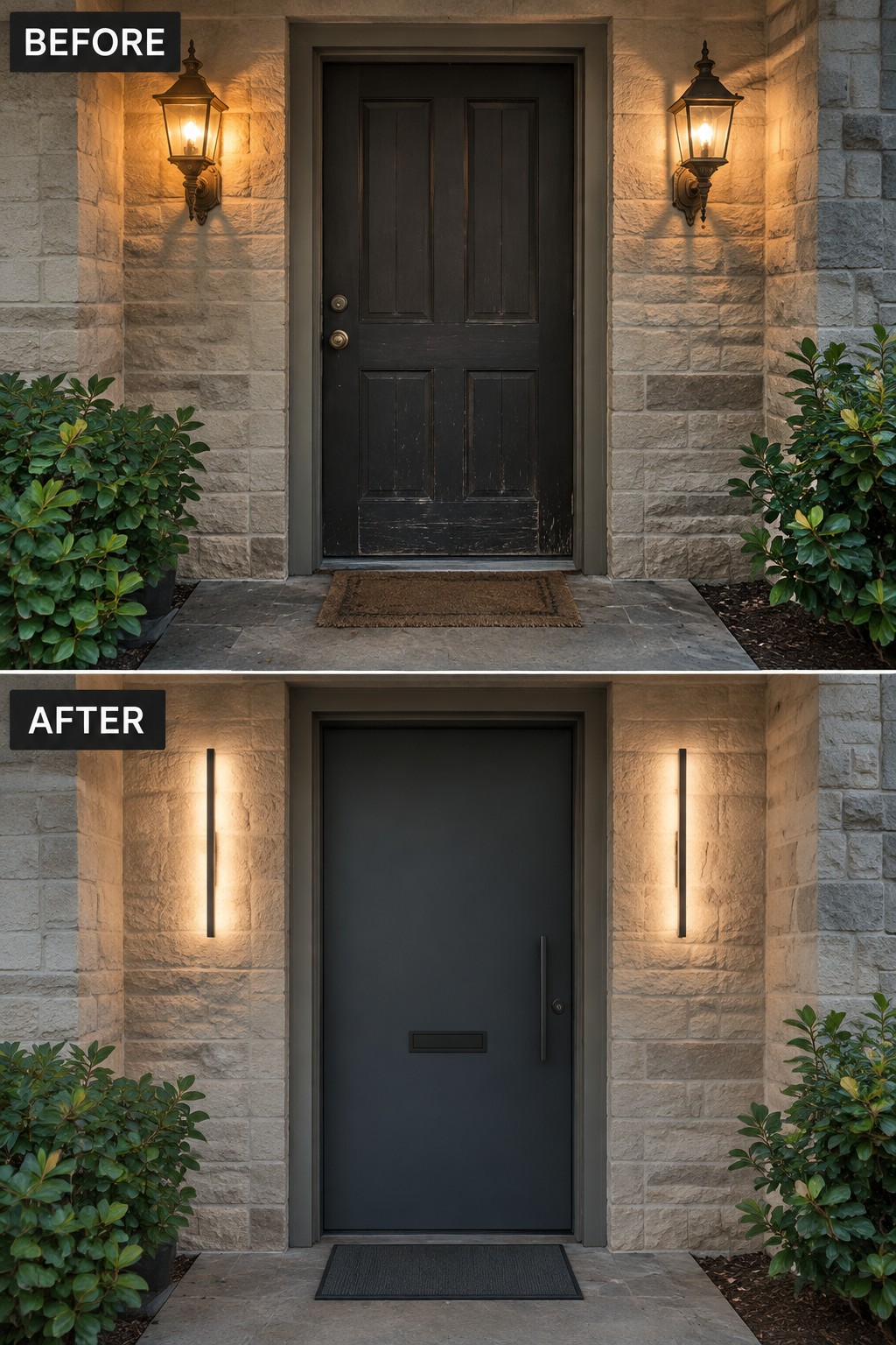 Before-and-after image of a ranch home front entry updated from traditional lanterns and a paneled door to vertical sconces and a modern slab door.