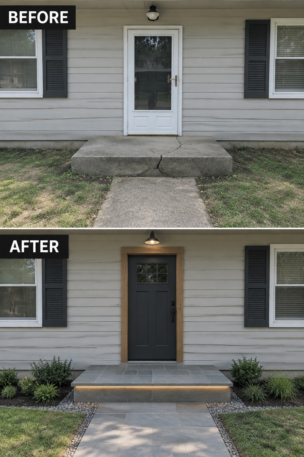 Before-and-after image of a ranch house front entry changed from a white door and cracked concrete steps to a dark door with wood frame, stone steps with lighting, and added shrubs along the path.