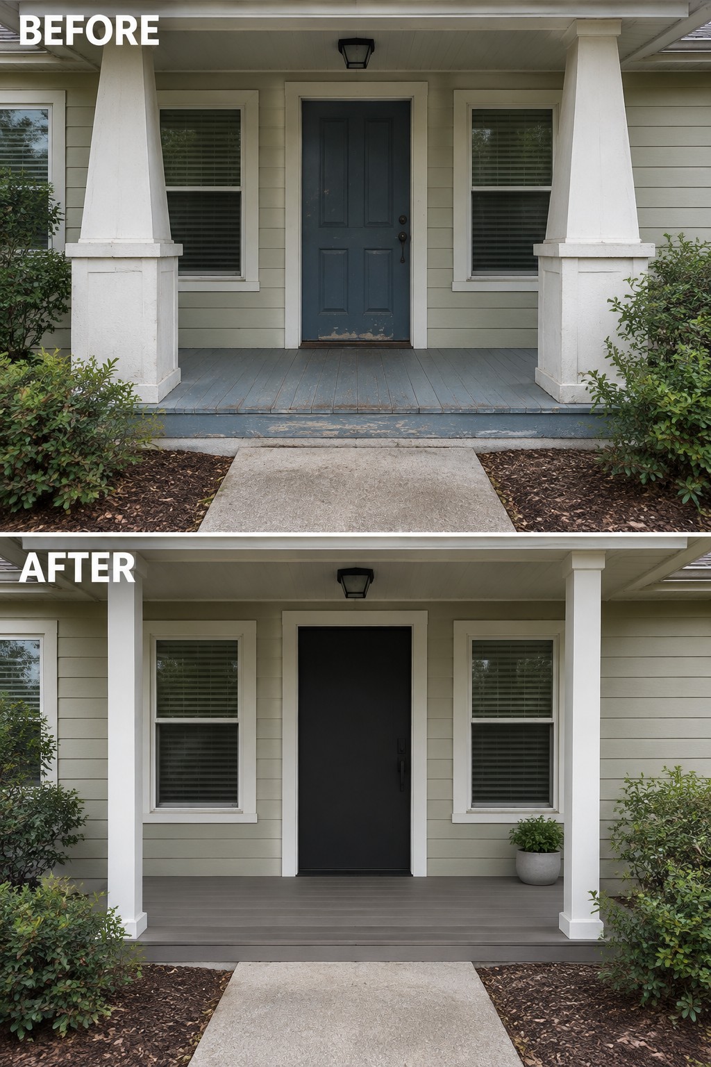 Before-and-after image of a ranch home front entry with the door changed from blue to black and the porch floor updated to gray decking.