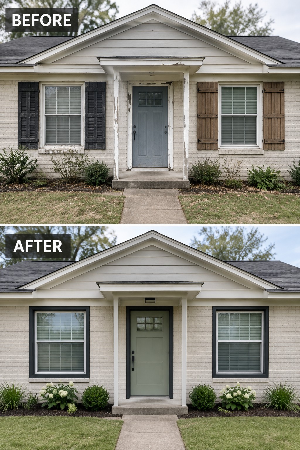 Before-and-after house exterior with new sage door, black shutters, and landscaping