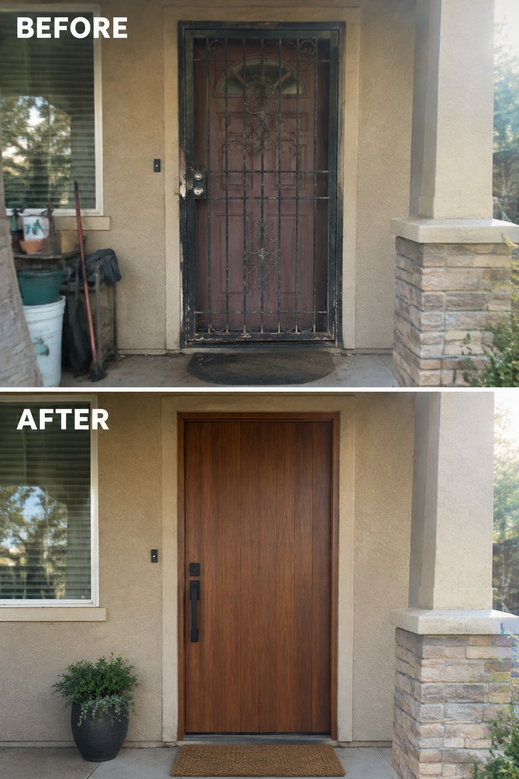 Before-and-after image of a house front entry updated by replacing a dark wood door with ornate security grille for a modern solid wood door with simple black hardware.