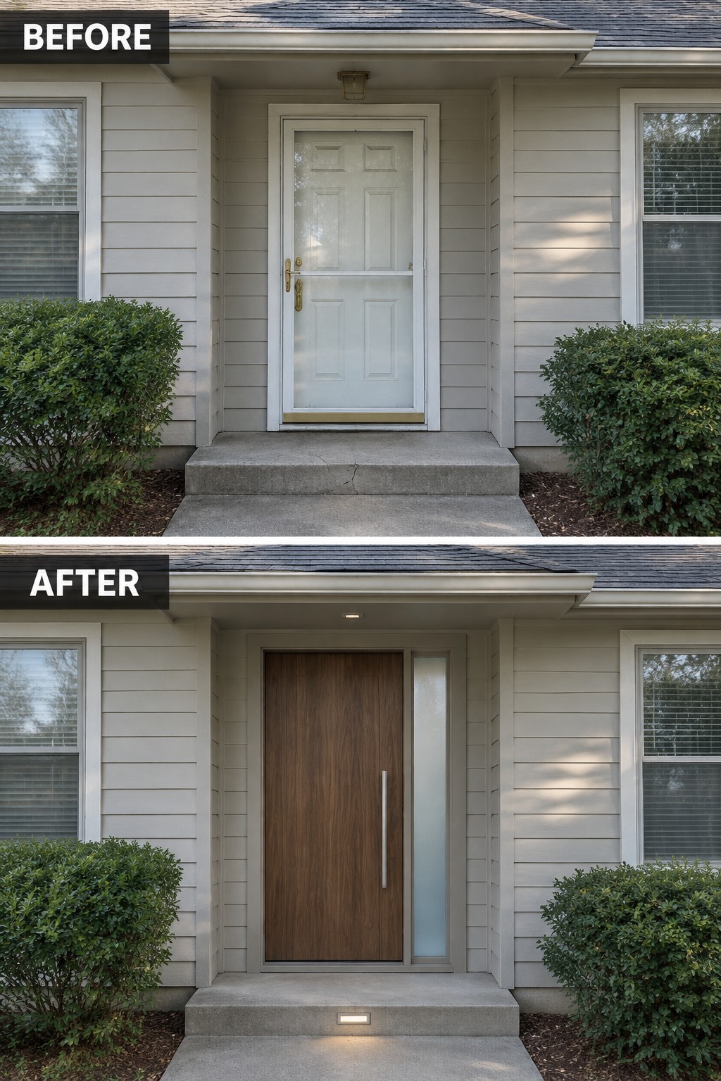 Before-and-after image of a ranch home front entry showing a white paneled door replaced with a modern wood door and sidelight plus added lighting.