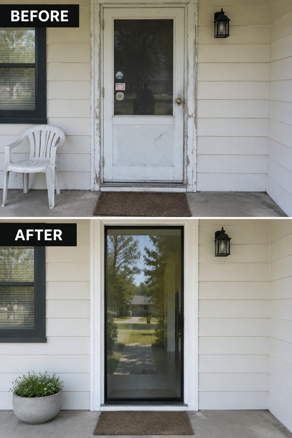 Before-and-after view of front door: peeling white replaced by modern black-framed glass with potted plant.