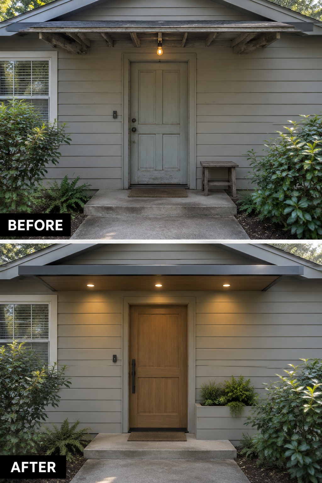 Before-and-after house entrance with green door replaced by wood, new awning and lighting