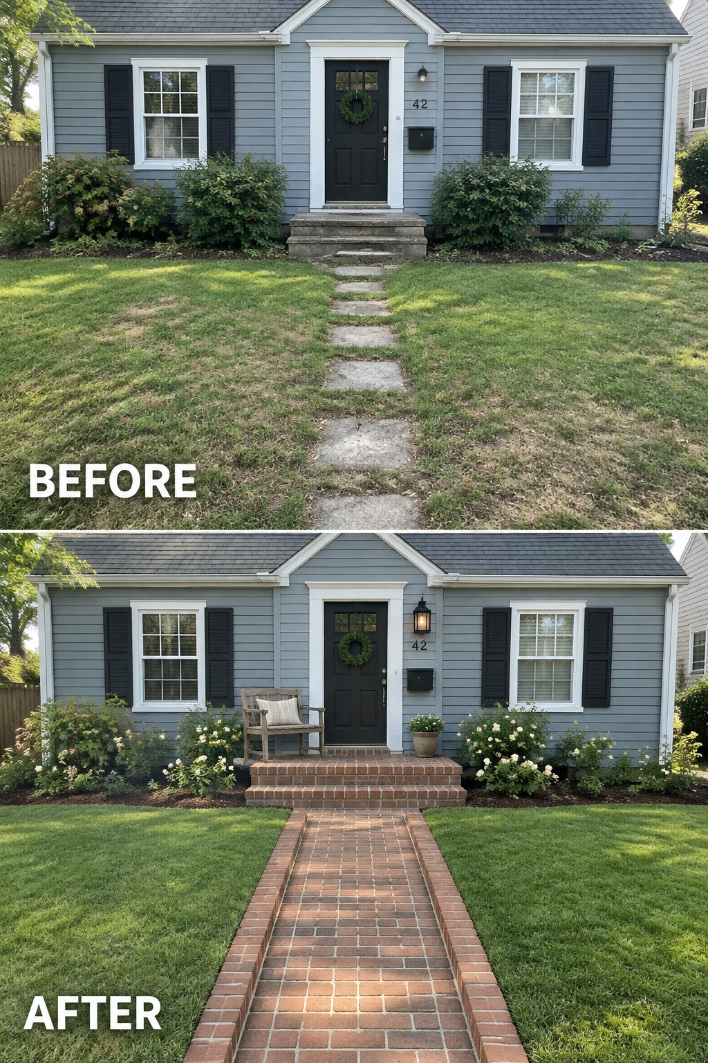 Before-and-after image of a Cape Cod house front yard where a narrow stone path was replaced by a wide brick walkway with brick steps and added border plantings.