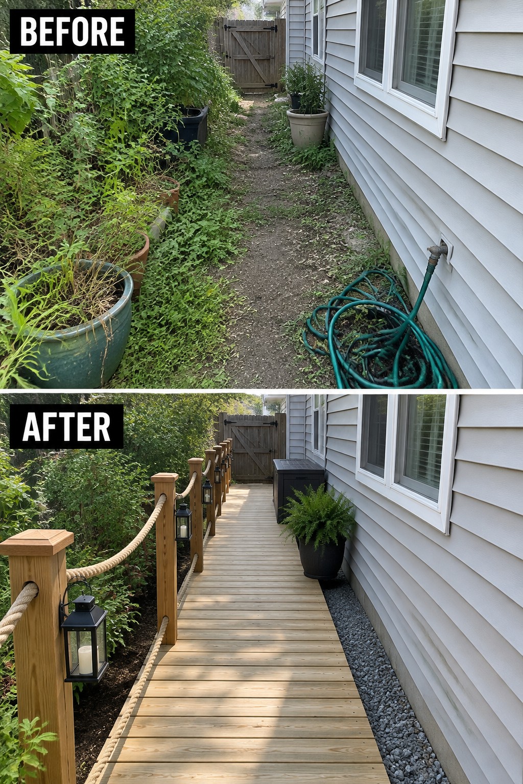 Before-and-after image of an overgrown dirt path next to a house changed into a wooden walkway with rope railings and gravel edging.