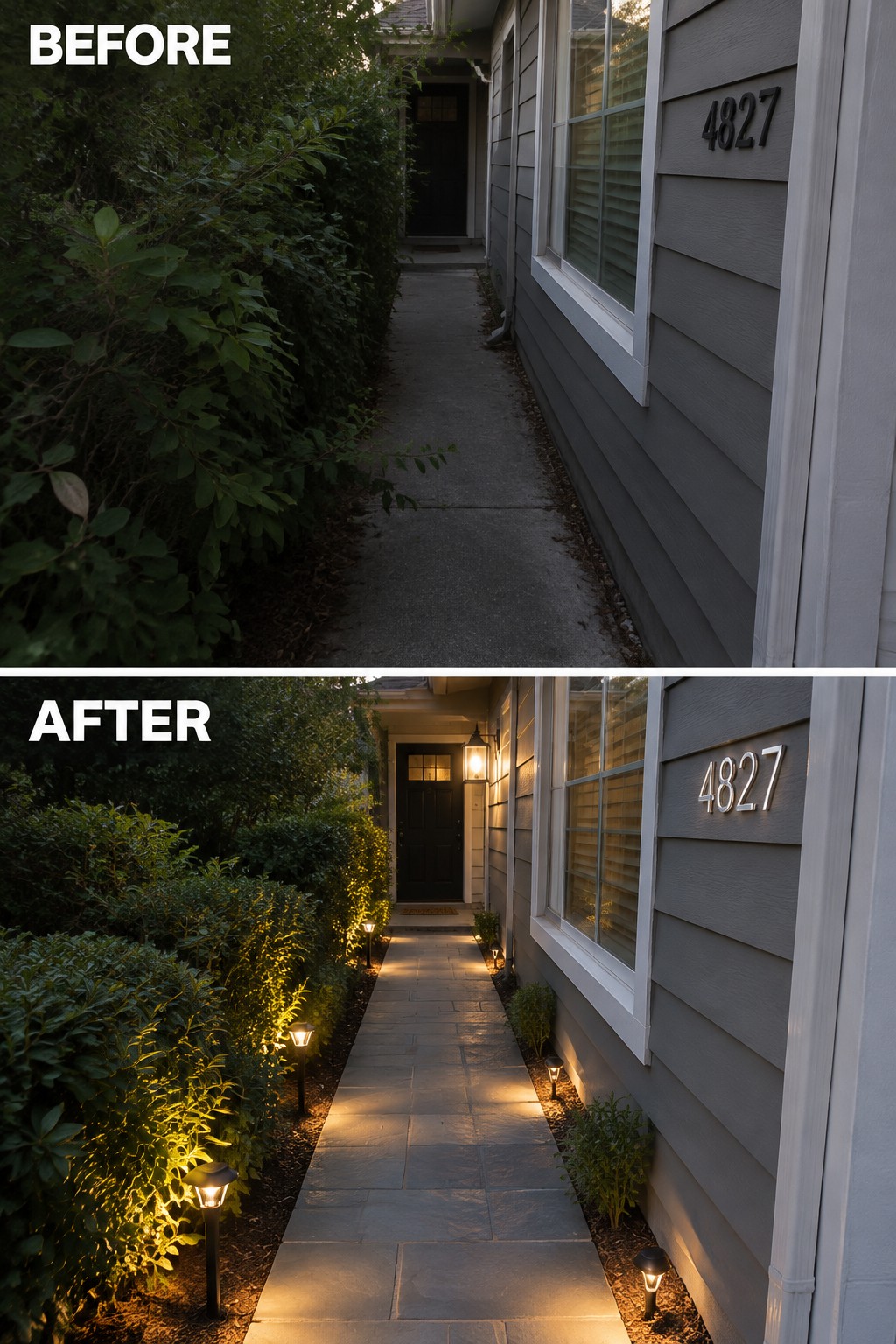 Before and after of house walkway with new pathway lights and trimmed landscaping.