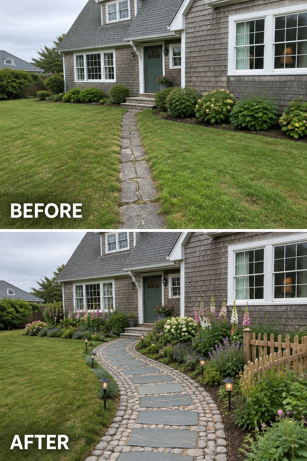 Before and after of house front yard with upgraded stone path, flowers and lights