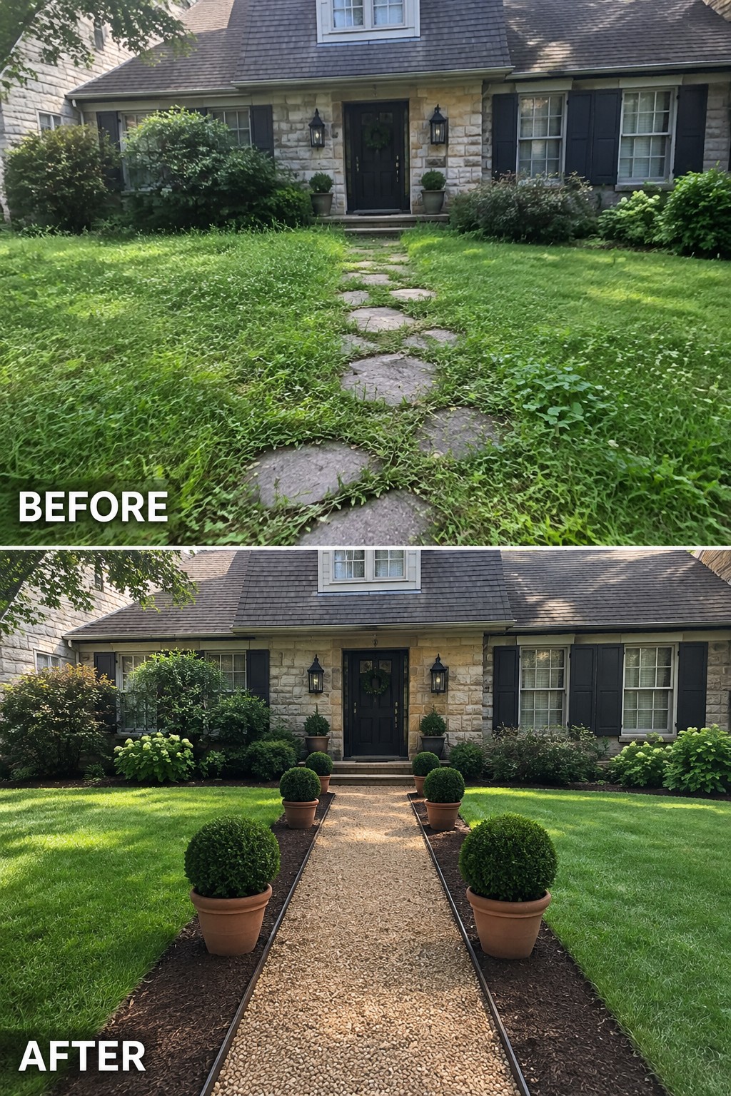 Stone house front path before and after: overgrown weeds versus gravel walkway with potted shrubs