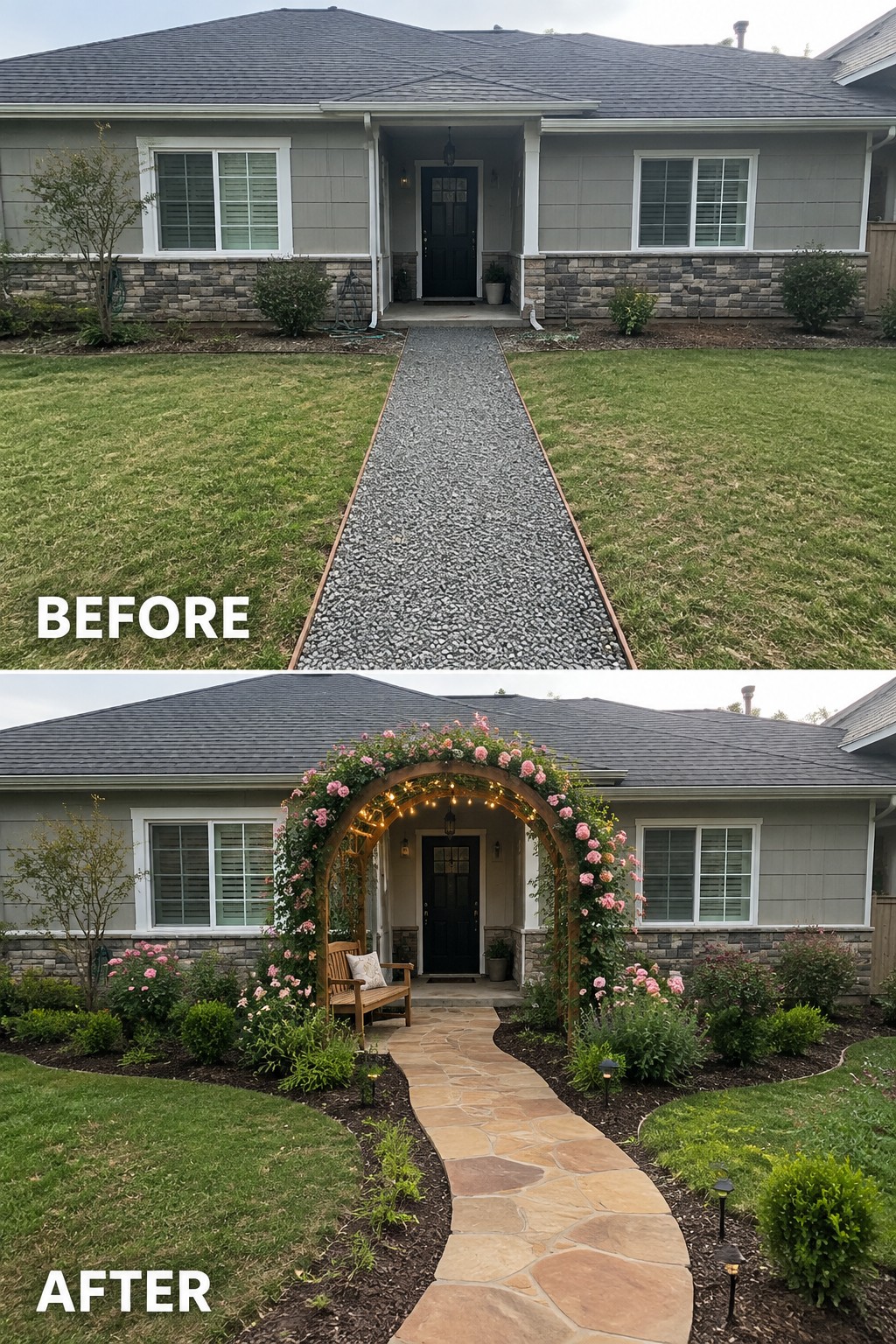 Before and after house entrance: gravel path replaced by curved stone walkway with rose arch