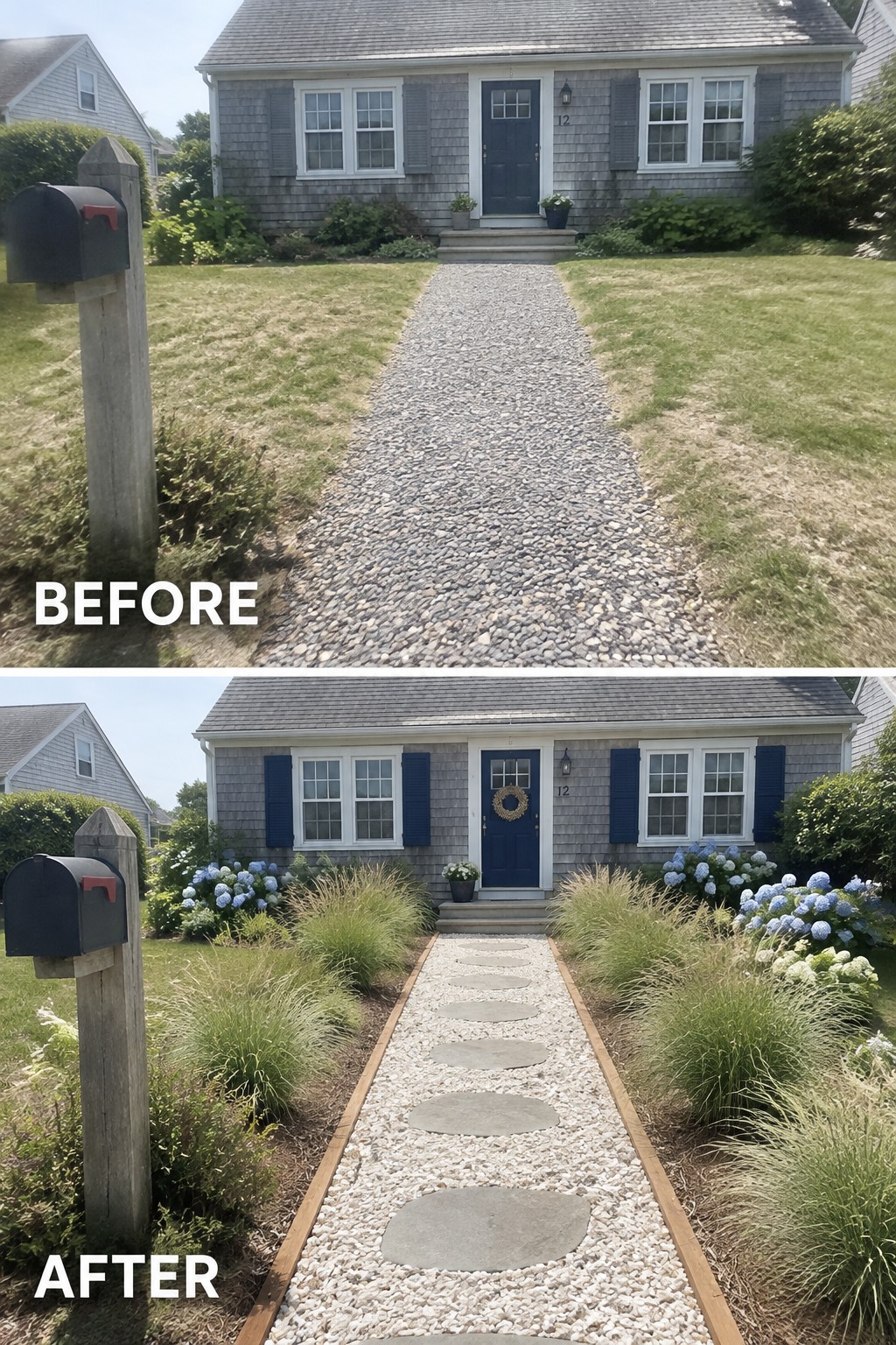 Before-and-after image of a front walkway changed from loose gravel to a bordered path with wooden edging, white gravel, and stepping stones.