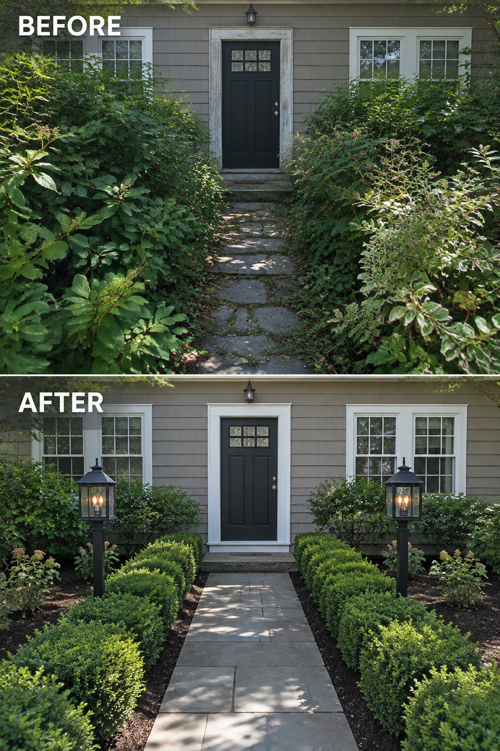 Before-and-after house entrance: overgrown shrubs versus manicured hedges with black lanterns