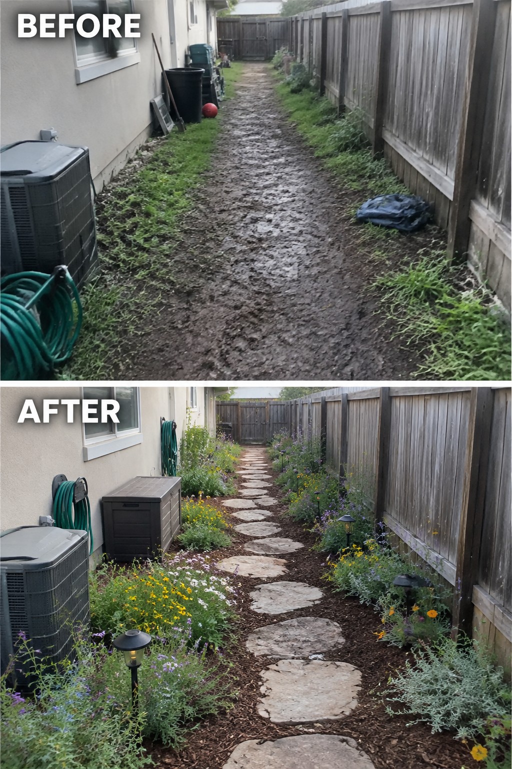 Before muddy path and after flower-lined stone walkway with lights.