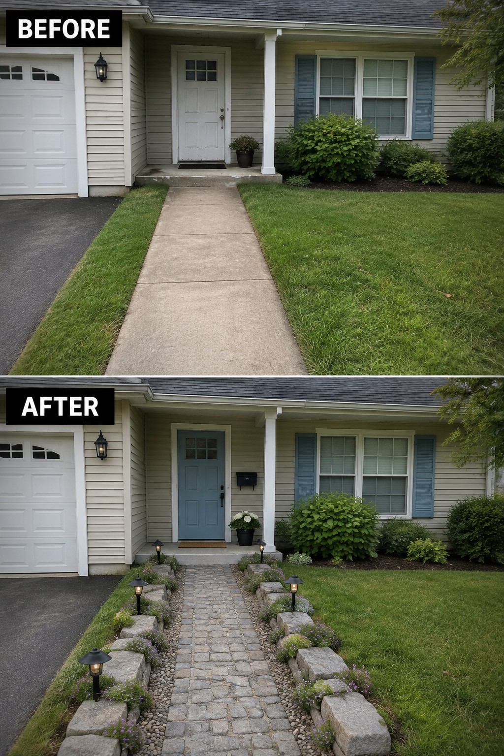 House entrance before and after with blue door, cobblestone path, and landscape lights