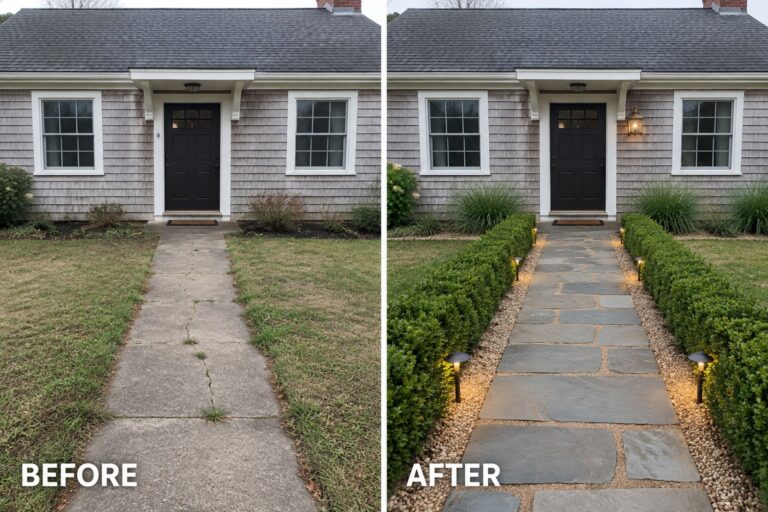 25 Creative Cape Cod Exterior Remodel Ideas Centered on Walkway Improvements Before and after house entrance with cracked concrete path upgraded to stone walkway and lit shrubs
