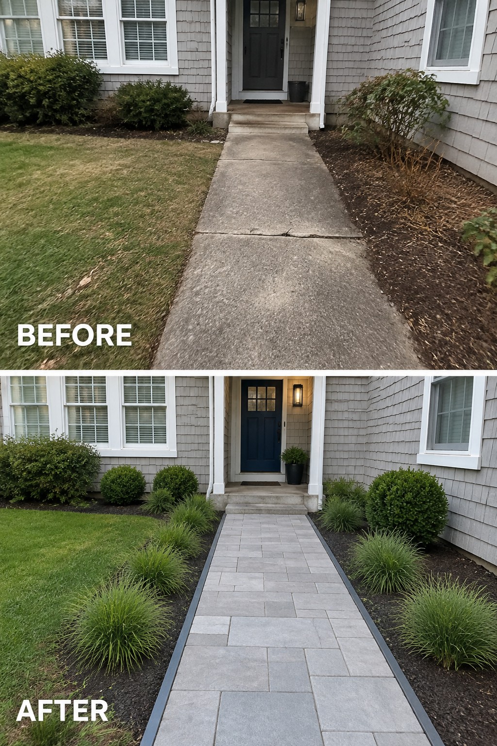 Before and after of cracked concrete walkway replaced by stone pavers with landscaping.