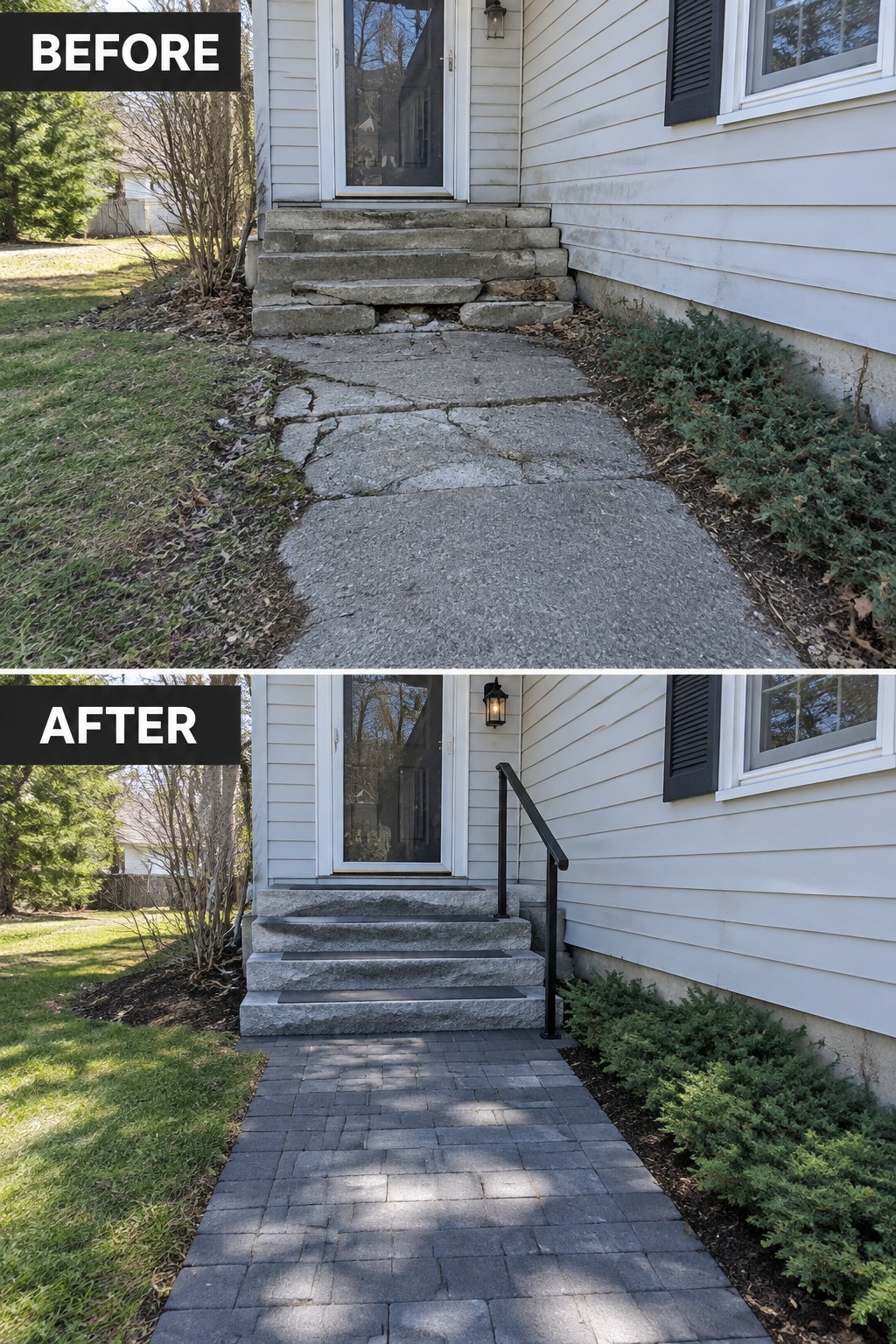 Before and after home entrance with cracked concrete replaced by paver walkway and railing