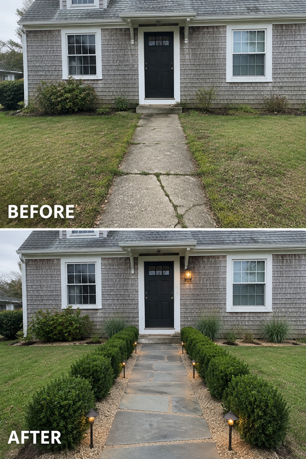 Before and after house entrance with cracked concrete path upgraded to stone walkway and lit shrubs