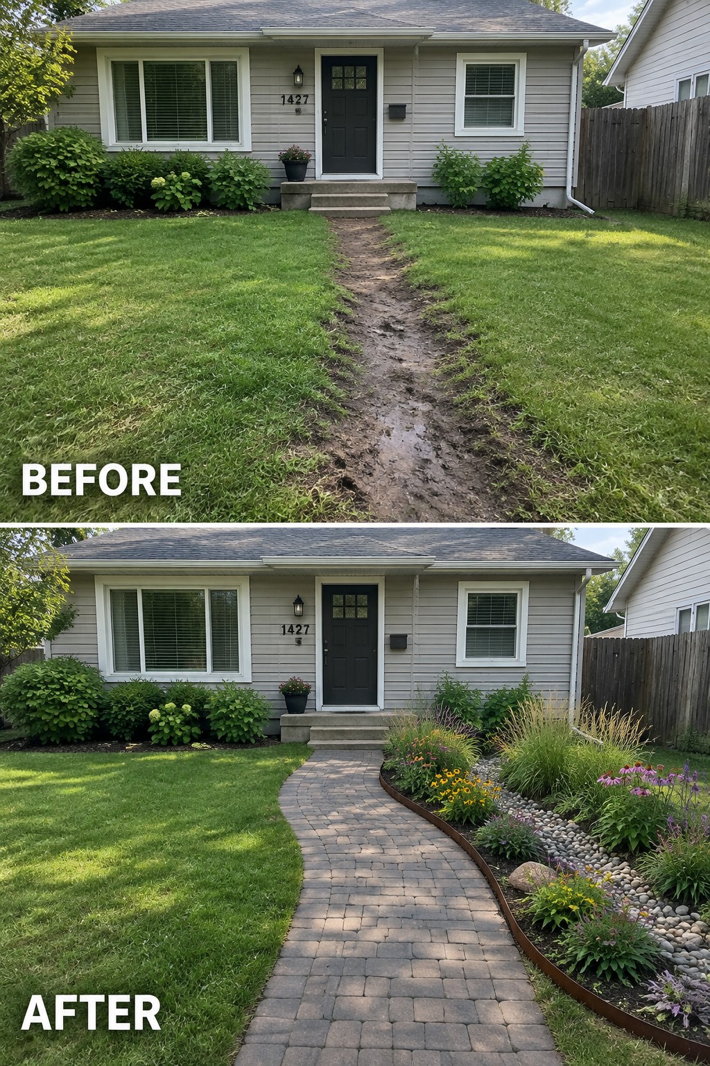 Before muddy path and after curved paver walkway with colorful garden beds.