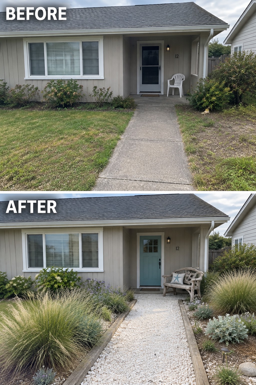 Before and after house entrance with gravel path, plants, and teal door.
