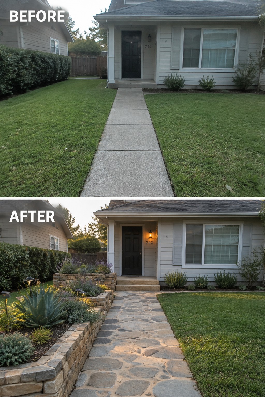 Before-and-after image of a front yard where a plain concrete walkway was replaced with a stone paver path bordered by raised stone garden beds.