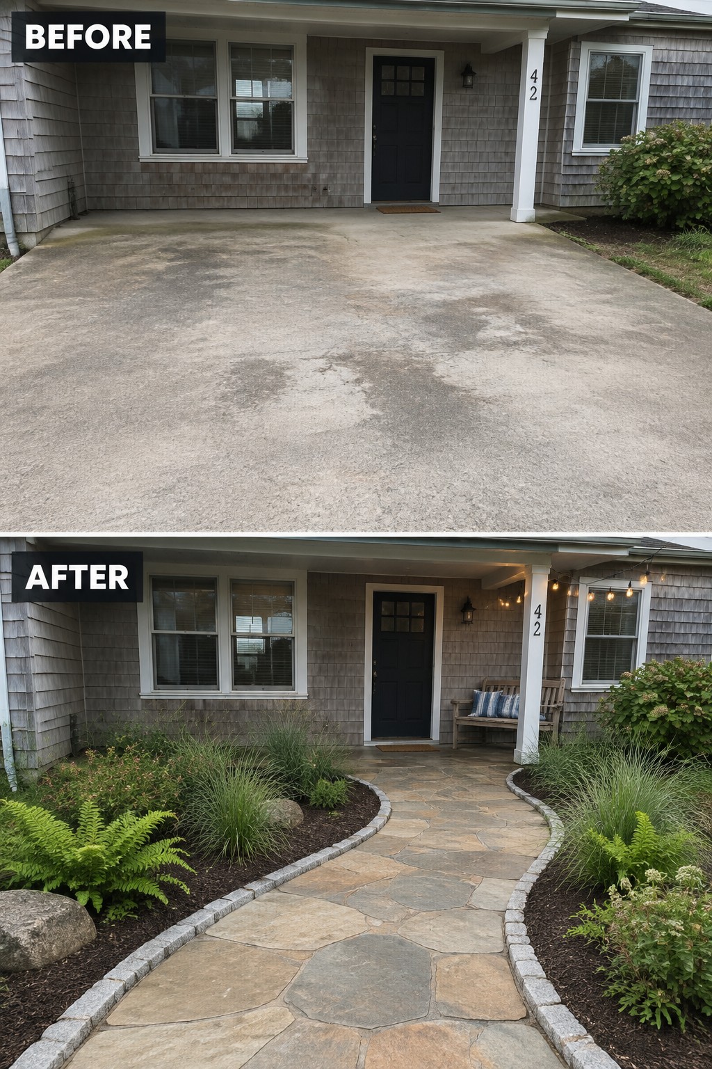 Before and after of concrete driveway transformed into stone pathway with garden landscaping